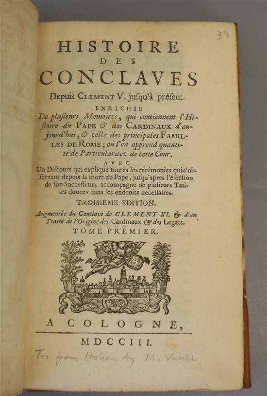 Letti Gregorio - Histoire des Conclaves depuis Clement V. jusqua present, 3rd edition, 2 vols, 12mo, rebound